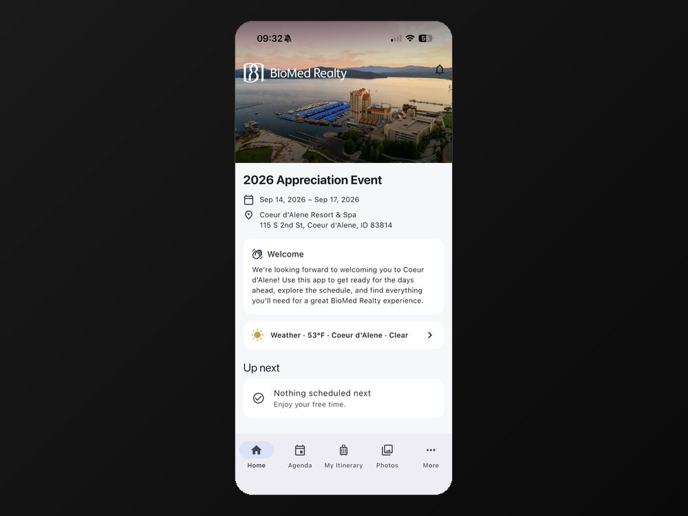 The home screen of the BioMed Realty event companion app.