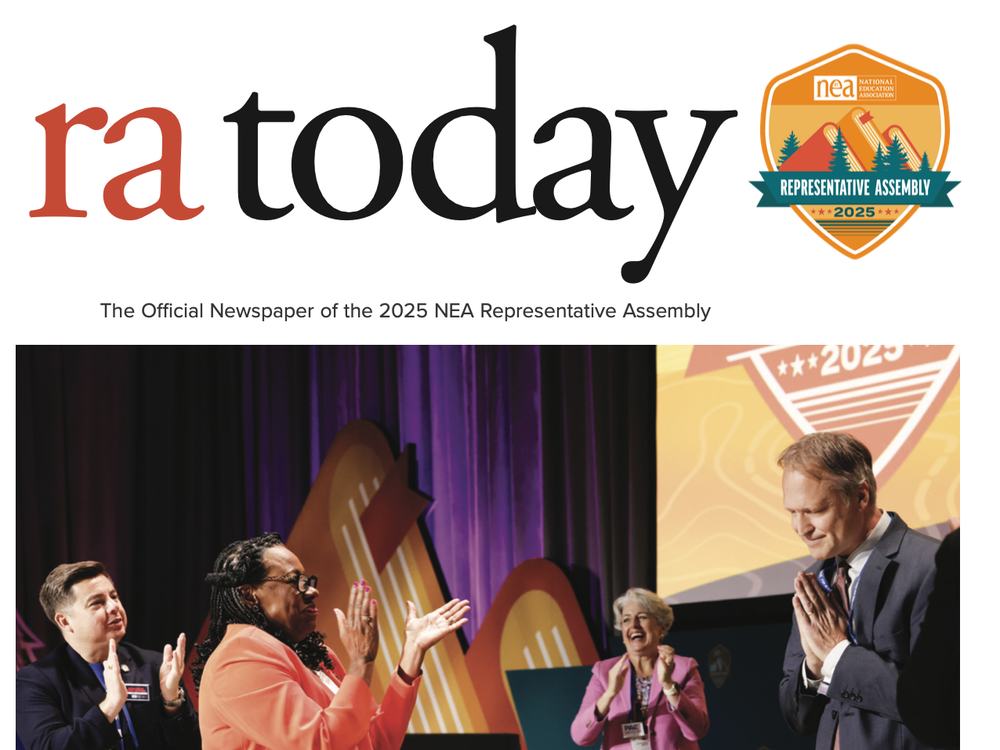 The front page of RA Today, the official newspaper of the NEA Representative Assembly.